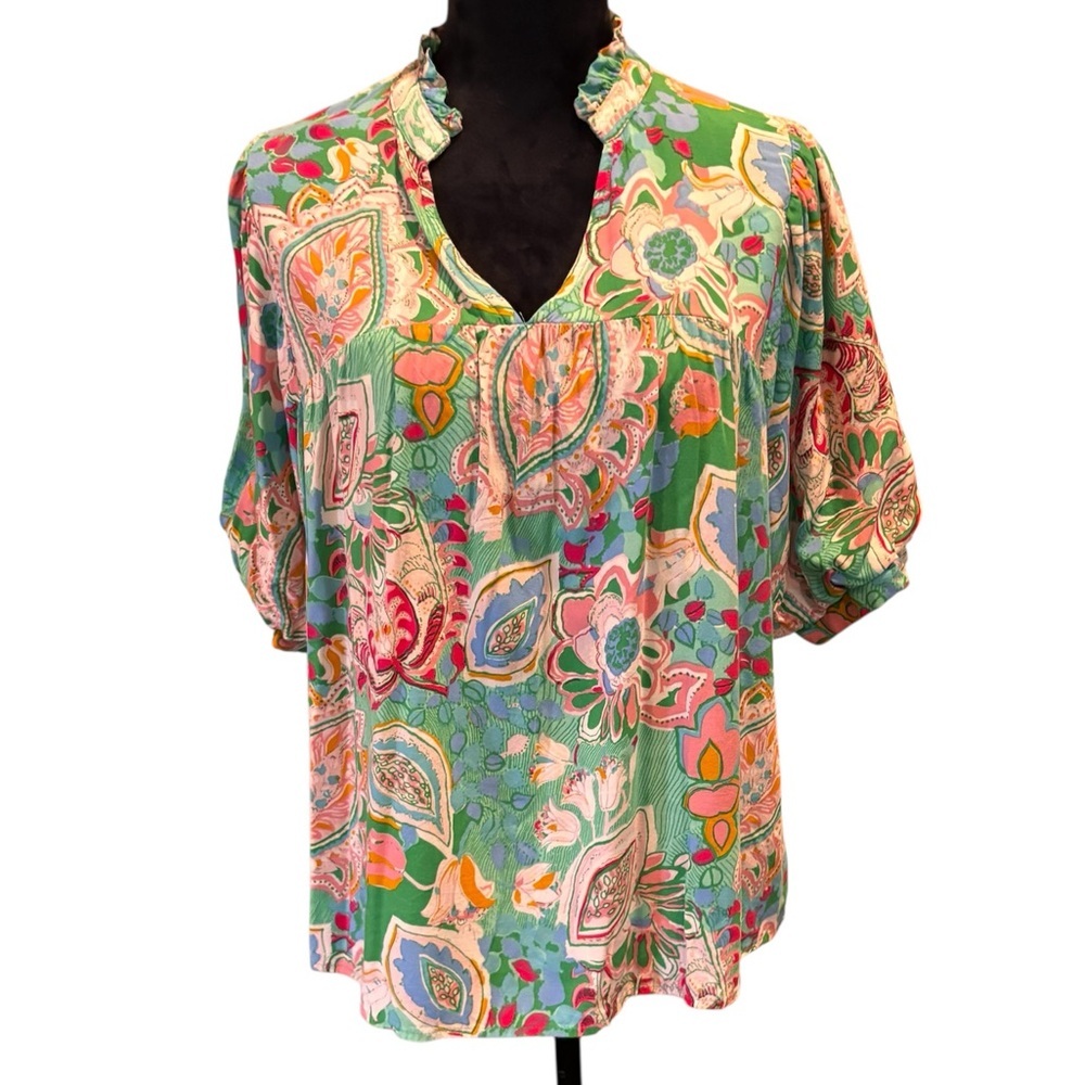 Umgee Boho Floral Puff Sleeve Blouse Top, Large, Bohemian Girly Chic Hippie